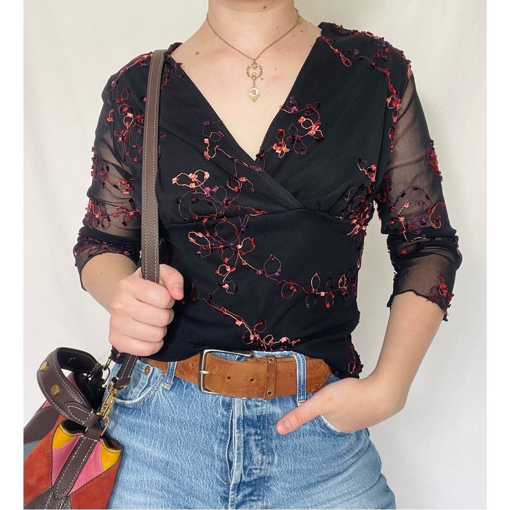 Only Nine | Y2K Black V-Neck Embroidered Sheer Whimsigoth Fairy Blouse